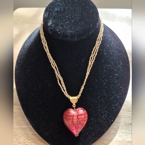 Murano Glass Heart Pendant Necklace in Red with Gold Beaded Chain
